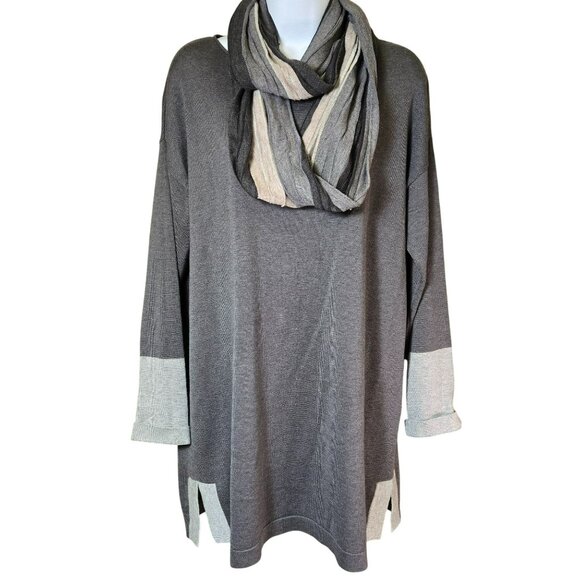 Eileen Fisher XS Gray Tunic Sweater w Matching Scarf Colorblock Sleeves Tencel - Picture 1 of 15
